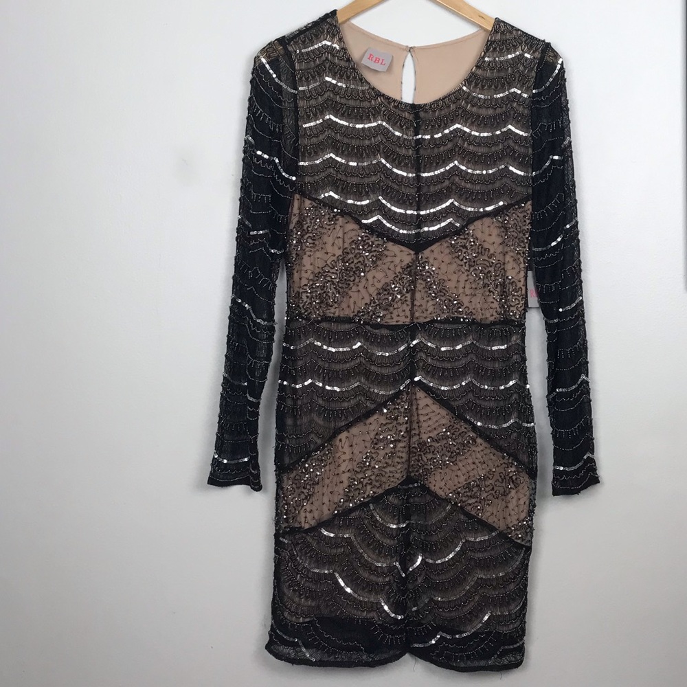 RBL Sequin Beaded Lace Long Sleeve Evening Dress